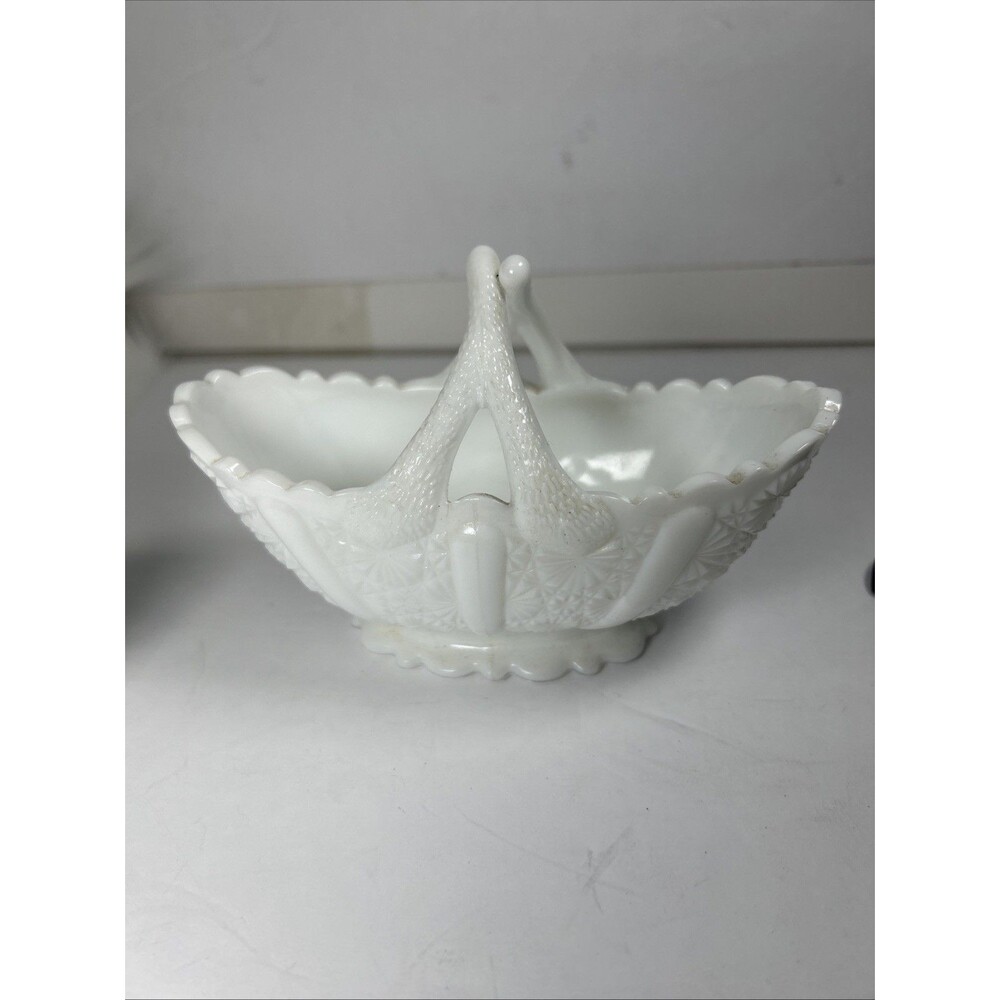 Vintage Fenton White Milk Glass Daisy Button Oval Basket w/ Split Twig Handle